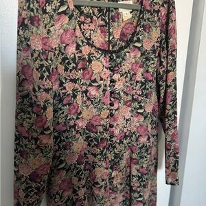 Floral Button-Front Long Sleeve Dress - Black Base with Pink & Yellow Blooms